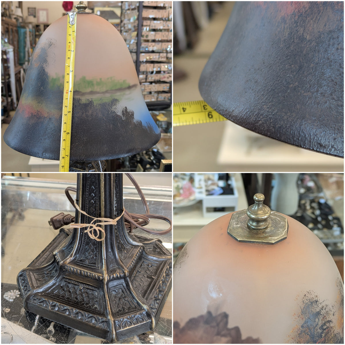 Antique Arts & Crafts boudoir style Reverse Painted Shade 1890's-1920's, paired with a Tiffany Style Meyda lamp base.