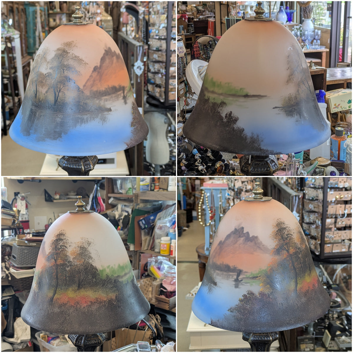 Antique Arts & Crafts boudoir style Reverse Painted Shade 1890's-1920's, paired with a Tiffany Style Meyda lamp base.