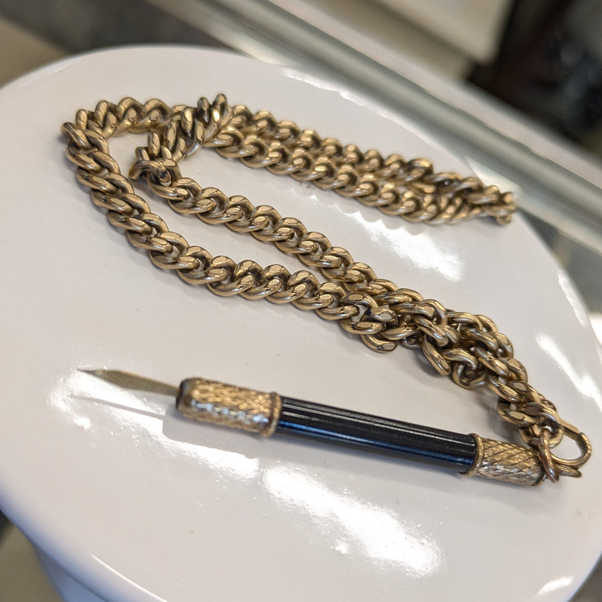 Victorian Gold Gilled Watch Chain with Telescoping Toothpick Charm