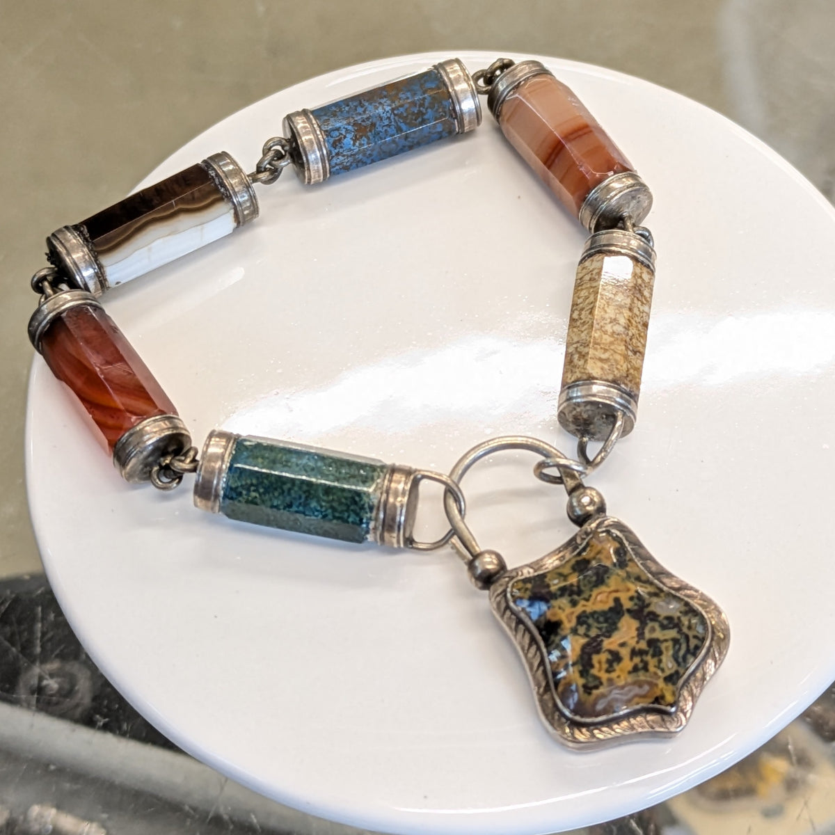1860-80's  Antique Scottish Sterling & Agate Bracelet with Locket Closure- Mourning Jewelry