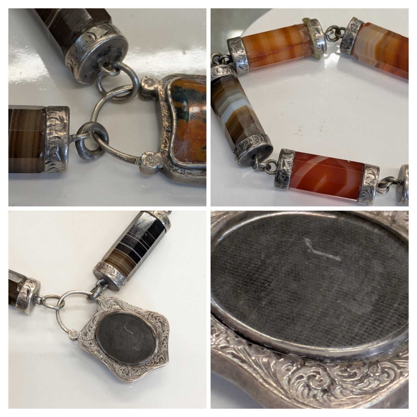 1860-80's Antique Scottish Sterling & Agate Bracelet with Locket Closure- Mourning Jewelry
