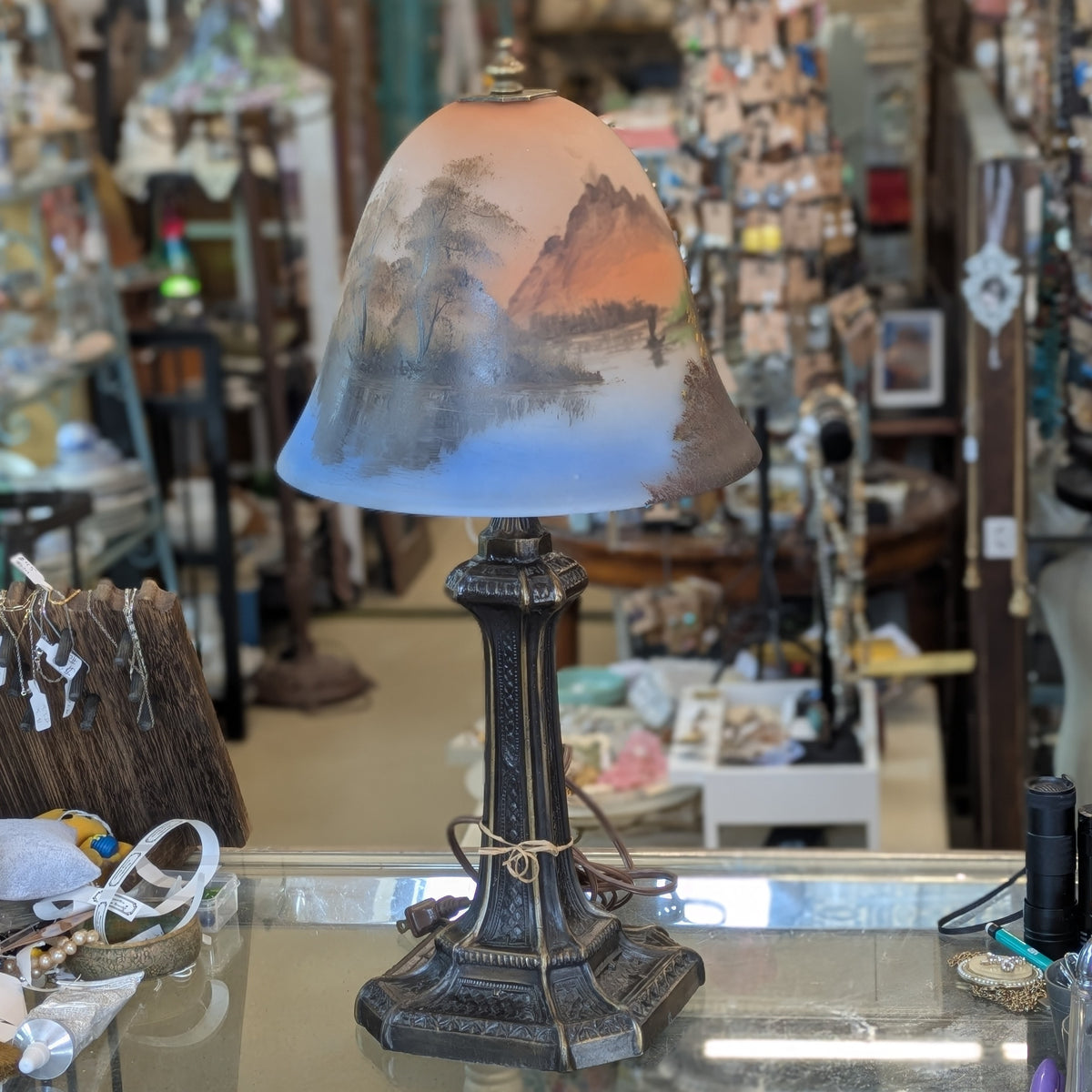 Antique Arts & Crafts boudoir style Reverse Painted Shade 1890's-1920's, paired with a Tiffany Style Meyda lamp base.
