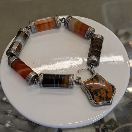 1860-80's Antique Scottish Sterling & Agate Bracelet with Locket Closure- Mourning Jewelry
