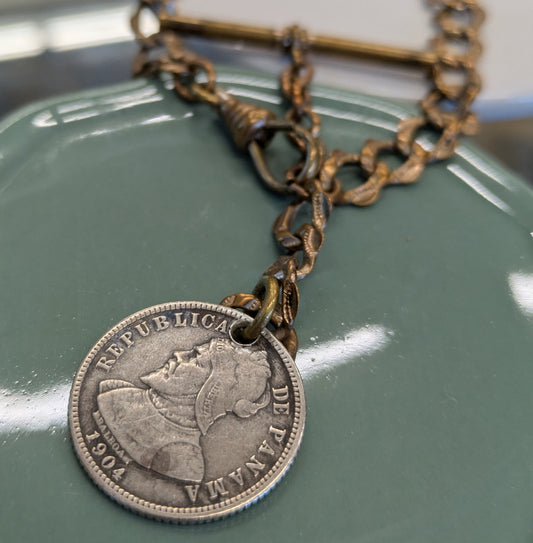 Victorian Gold Filled Watch Chain with 1904 Panama Coin Watch Fob Charm